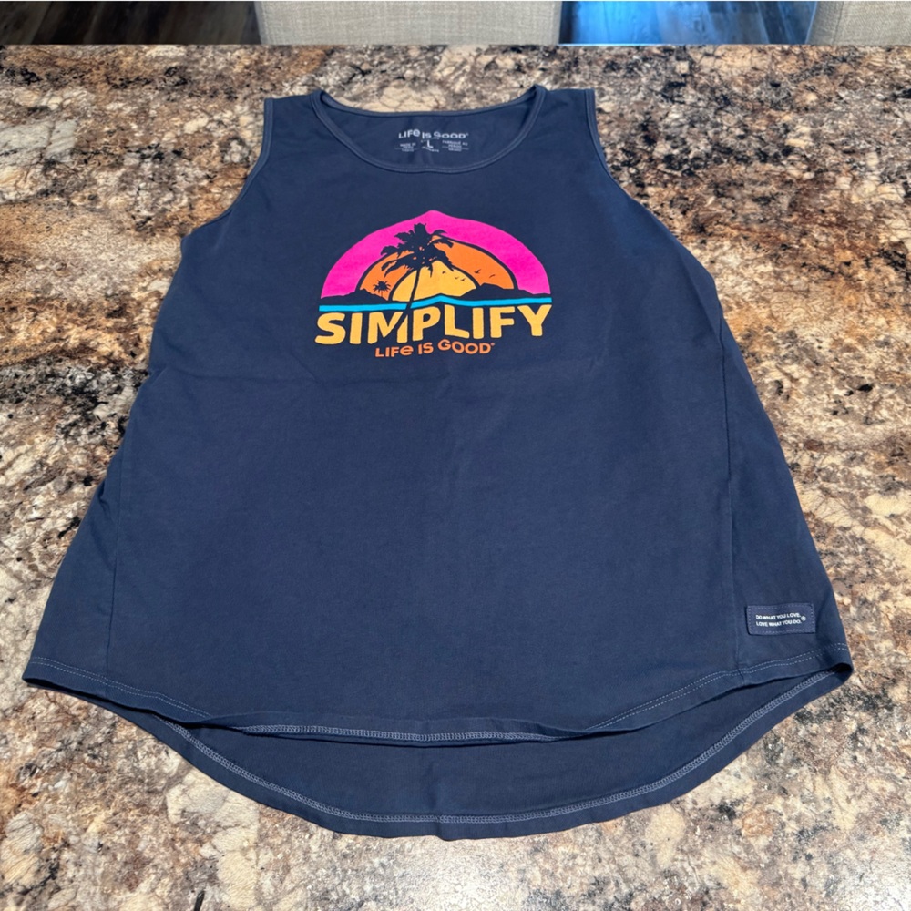 Life Is Good Navy Tank Top with Sunset Graphic